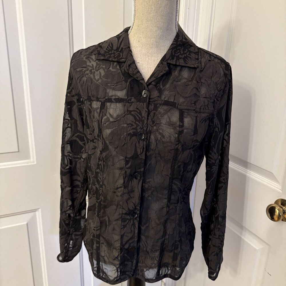 SHEER CHOCOLATE BROWN Chicos Size 0 Viscose Blend Floral Sheer Blouse Womens